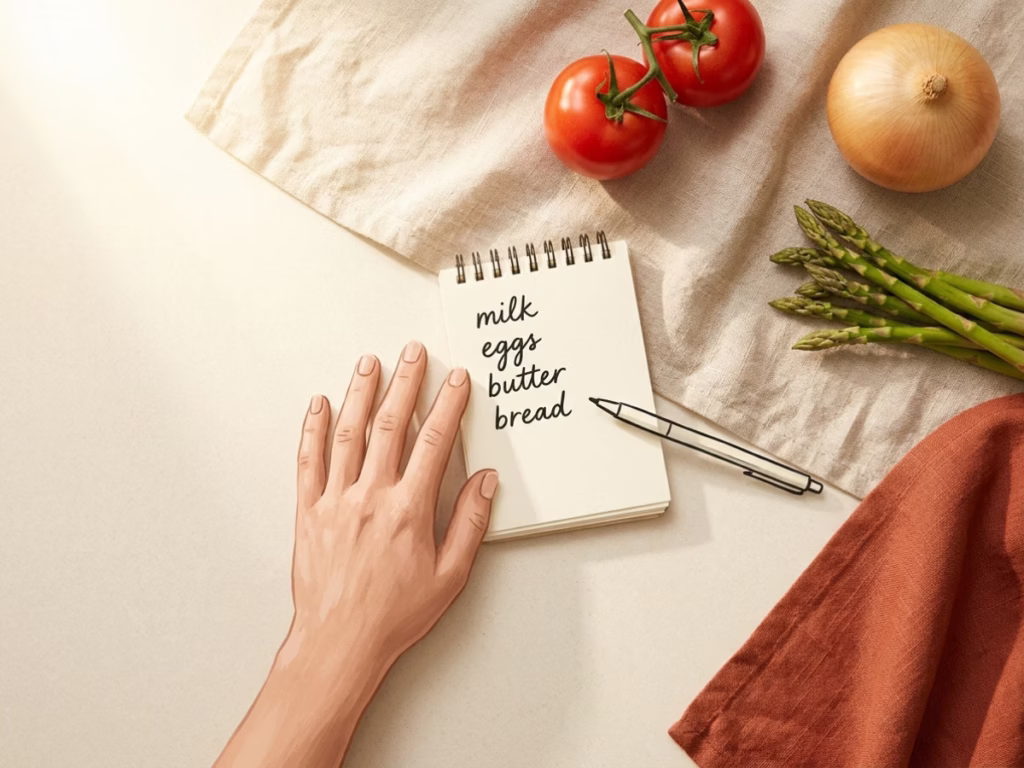 Hand writing a short grocery list on a notepad on a kitchen counter in warm morning light