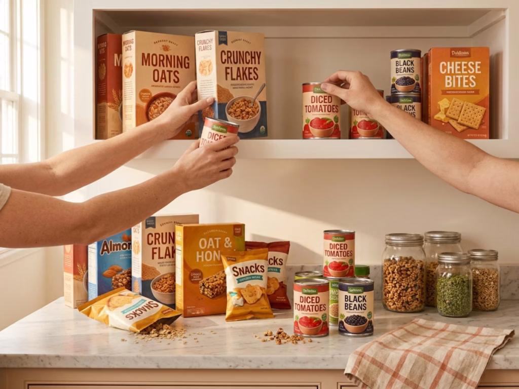 Hands pulling canned goods and dry goods off a pantry shelf during a kitchen cleanout