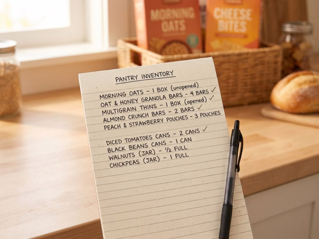 Handwritten pantry inventory list on a kitchen counter next to a pen, bright natural light