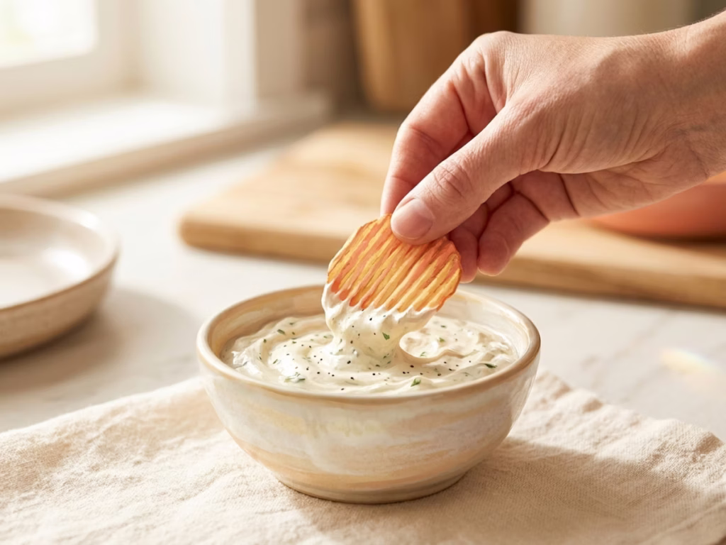 Hand dipping a ridged chip into creamy dip at a casual game day spread