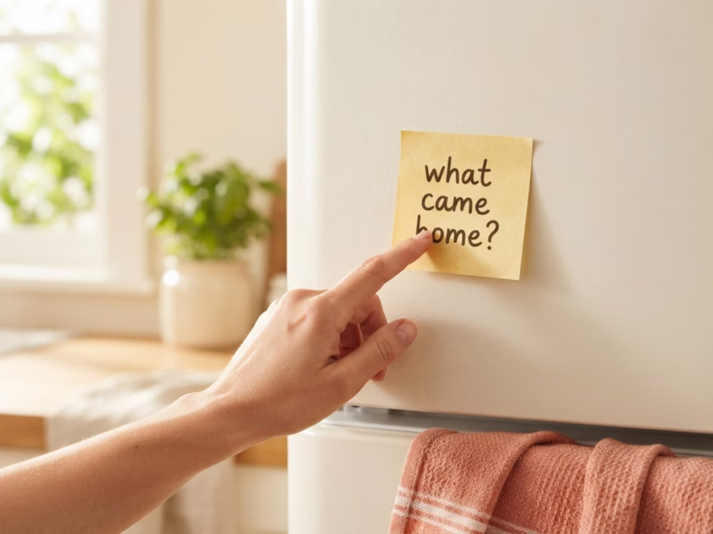 Hand writing a short grocery note on a sticky note on a kitchen fridge, quick lunchbox audit reminder