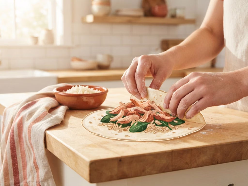 Hands wrapping leftover chicken and vegetables into a tortilla wrap for a packed school lunch on a kitchen counter