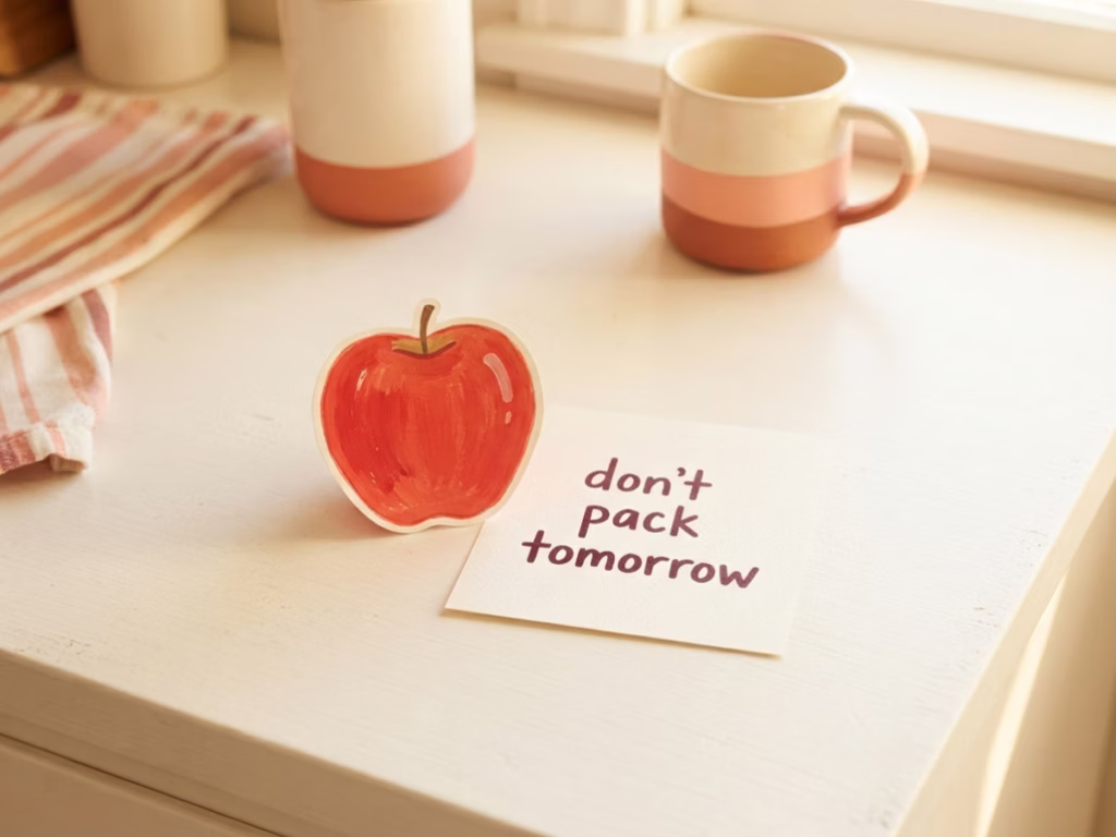 Uneaten apple next to a handwritten note on a kitchen counter, simple lunchbox audit reminder for school lunch savings