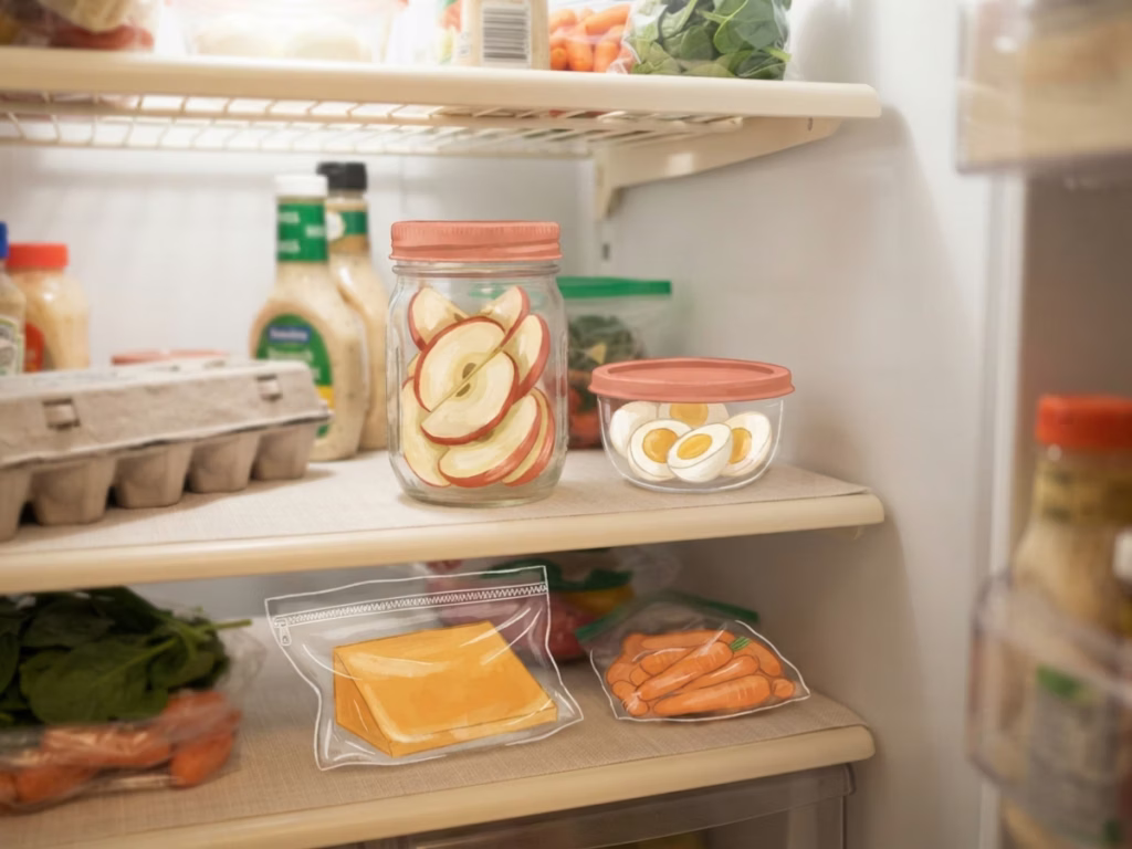 Open refrigerator with portioned snacks in small containers, eggs, cheese, apple slices, organized on a bright shelf