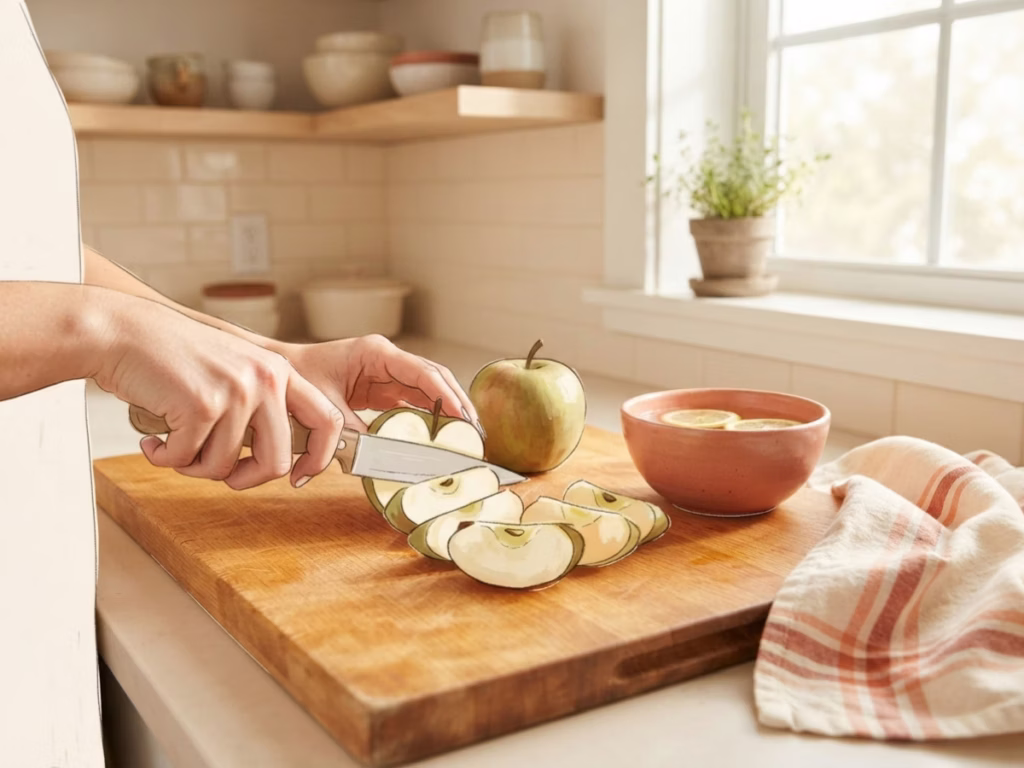 Hands slicing apples on a bright wooden cutting board, batch prepping school snacks in a sunny kitchen