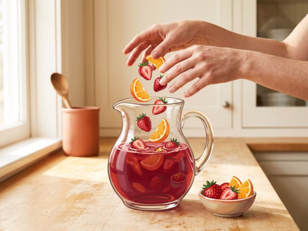 Hands dropping chopped strawberries and citrus into a red juice pitcher on a kitchen counter