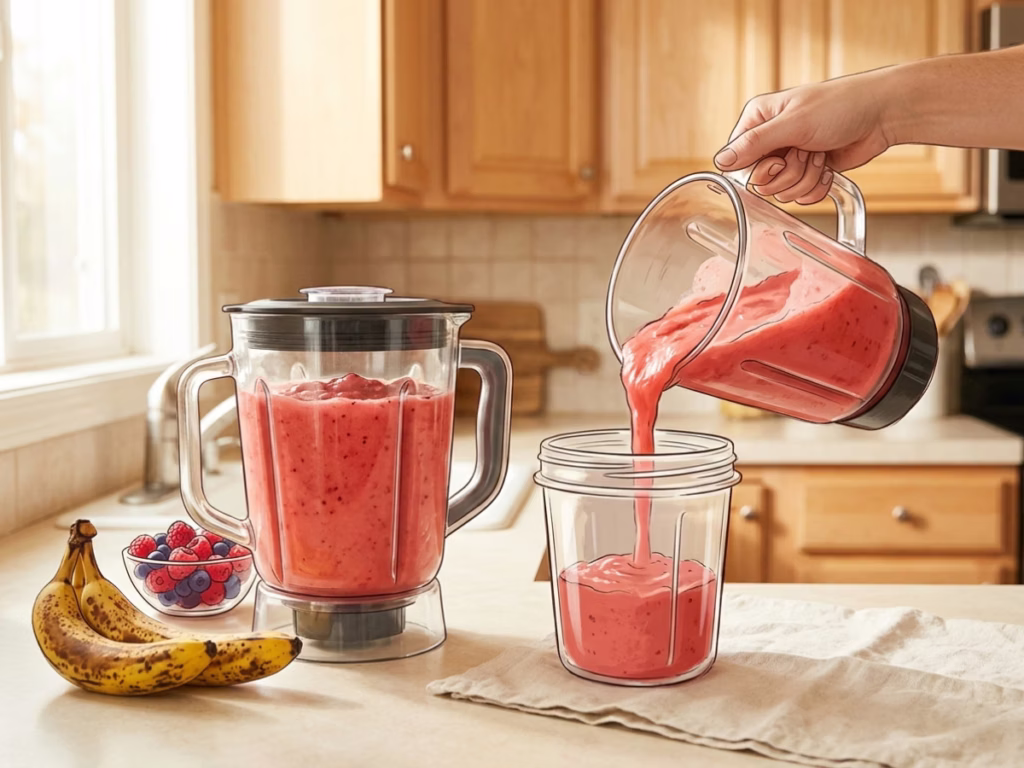 Blender of bright blended fruit slushy being poured into a freezer container on a sunny counter