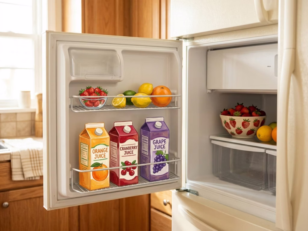 Open refrigerator with juice cartons and fresh fruit on a bright kitchen morning