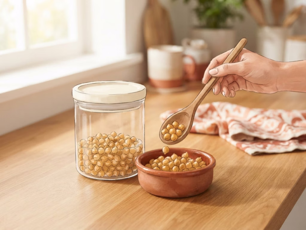 Drained chickpeas being spooned into an airtight container on a kitchen counter, bright natural light