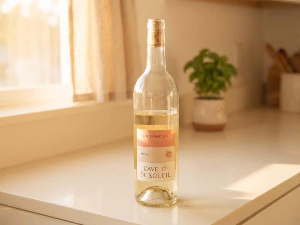 Half-empty wine bottle on a sunny kitchen counter showing air space inside the bottle