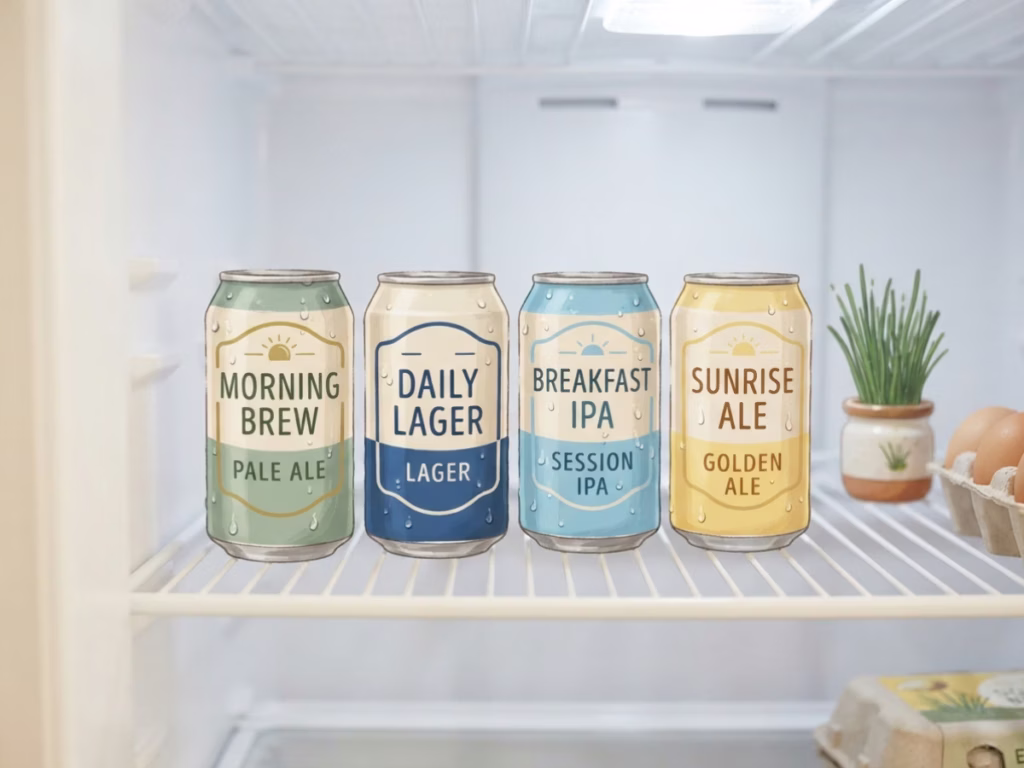 Beer cans stored cold on a refrigerator shelf in a home kitchen