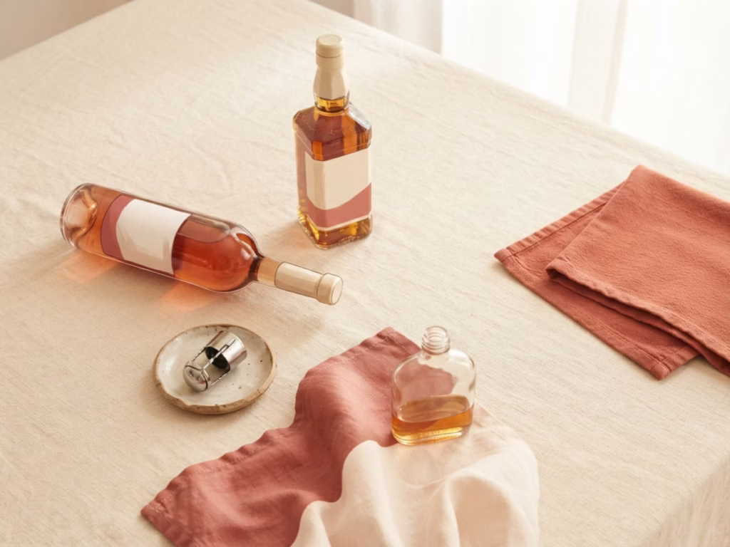 Overhead flatlay of liquor bottle upright, wine bottle on its side, and Champagne stopper on a cream kitchen counter