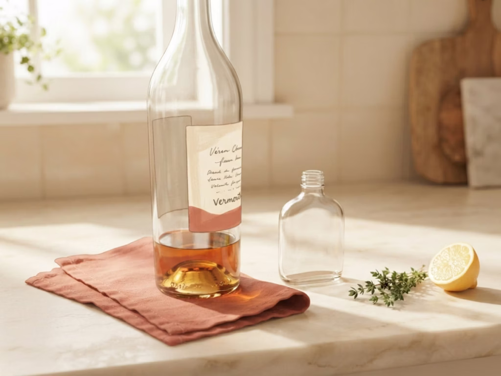 Nearly empty vermouth bottle beside a small glass flask on a sunny kitchen counter, ready to transfer