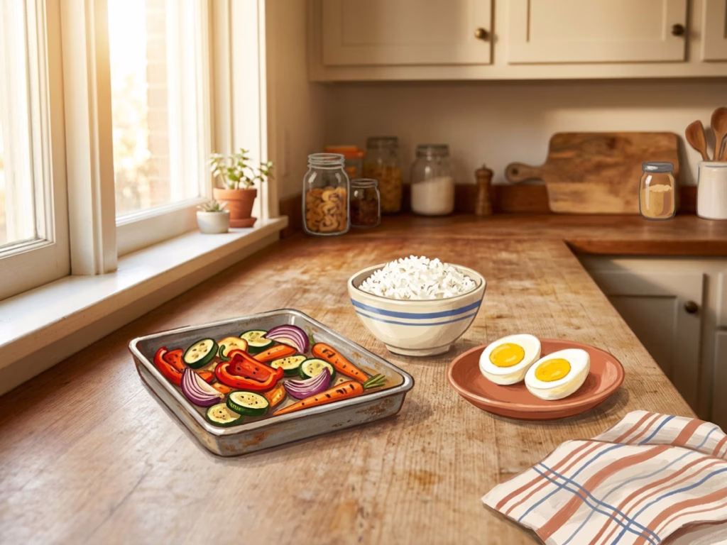 Meal prep components on a sunny kitchen counter: roasted vegetables, cooked rice, and hard-boiled eggs