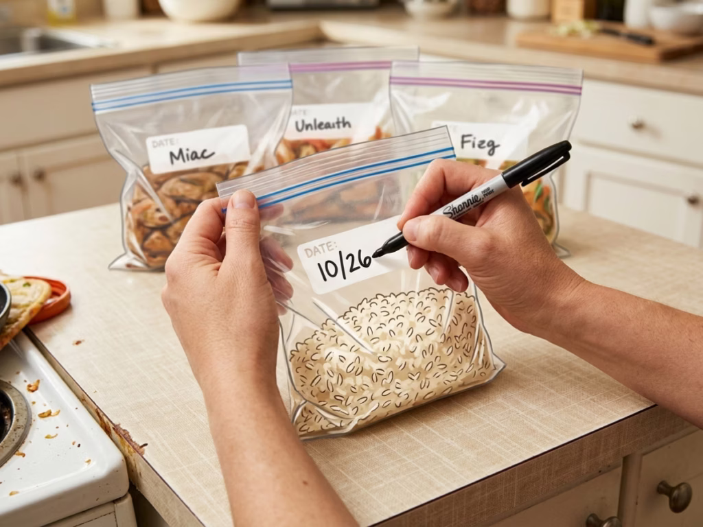 Hands writing a date label on a freezer bag of batch-cooked food with labeled containers in background