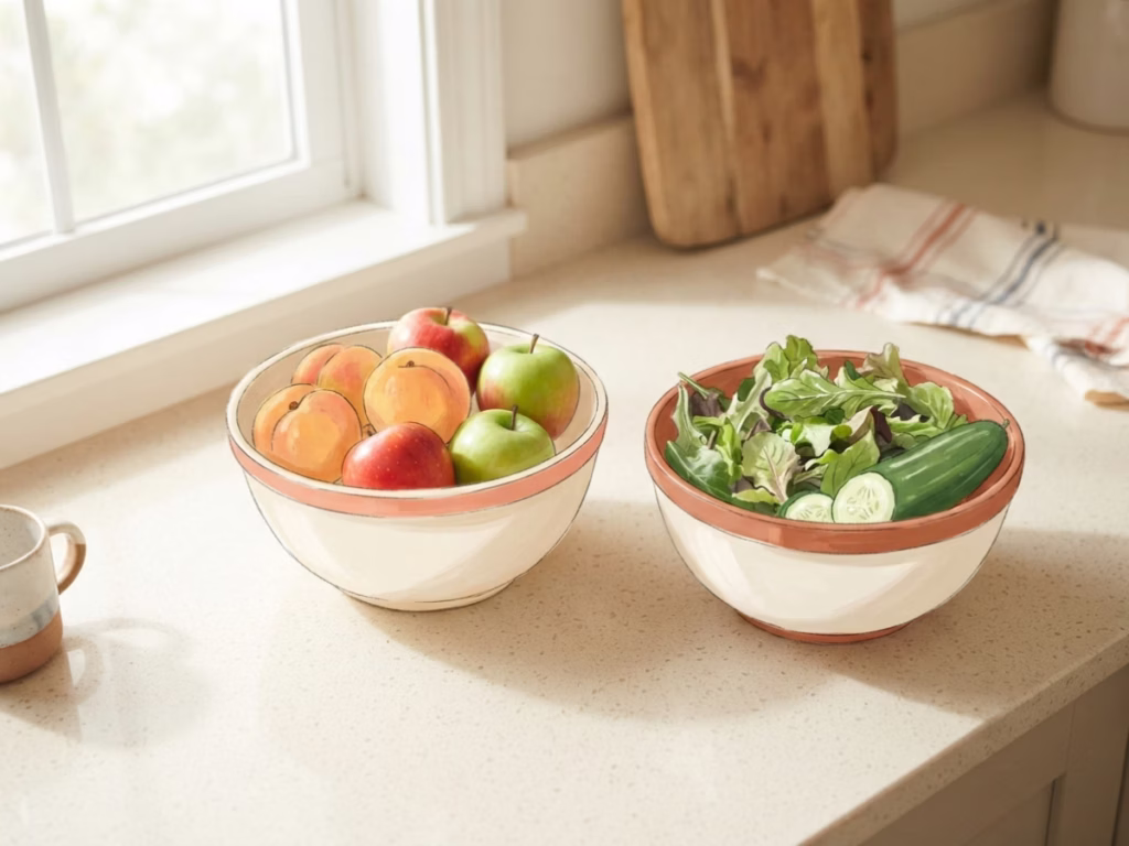 Fruit and vegetables sorted into separate bowls on a kitchen counter to prevent ethylene spoilage