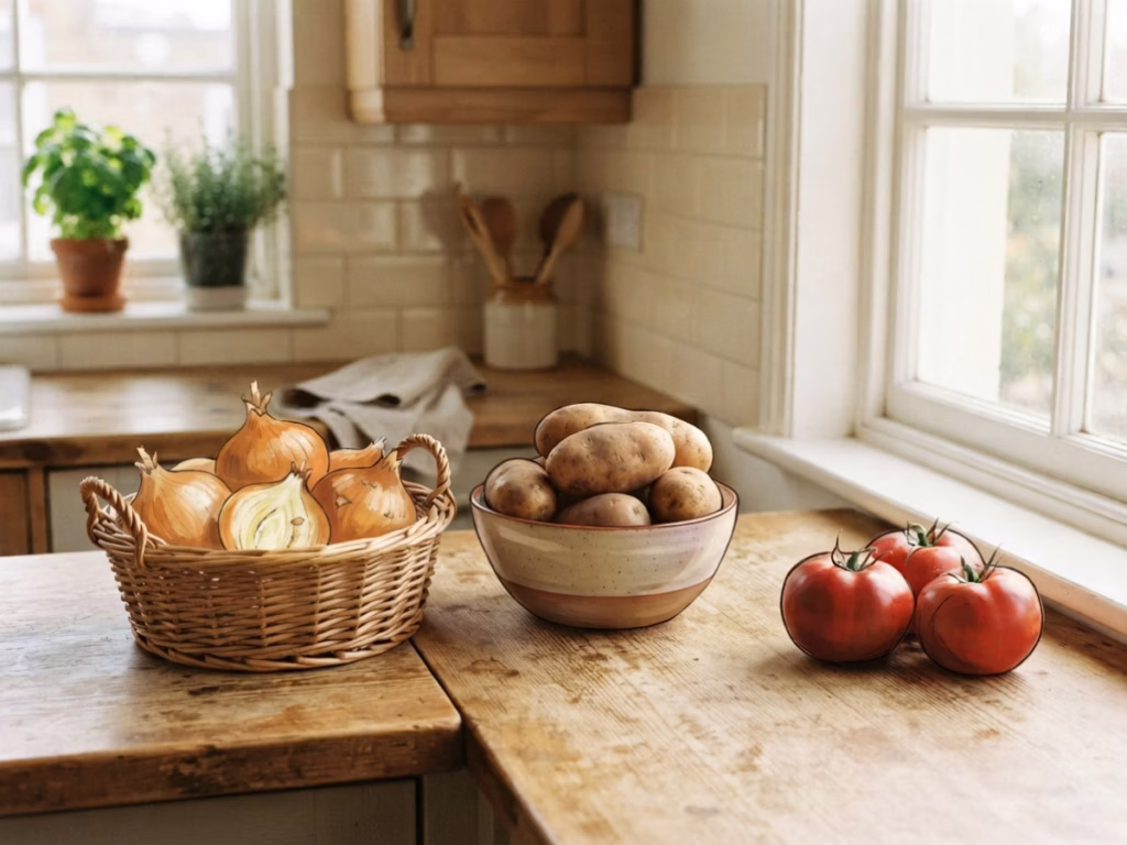 Potatoes, onions, and tomatoes stored separately on a kitchen counter in baskets and bowls