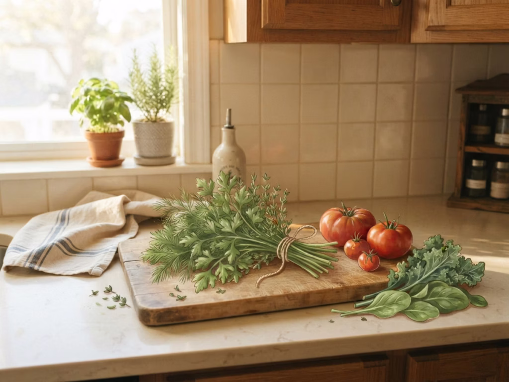 Hands logging farmers market produce into a pantry tracking app on a smartphone on a kitchen counter