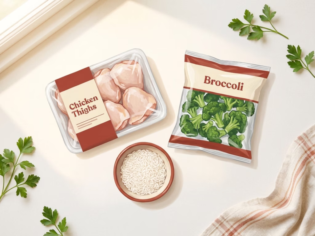 Frozen chicken thighs, a bag of frozen broccoli, and dry rice on a sunny kitchen counter, the three-part freezer meal formula