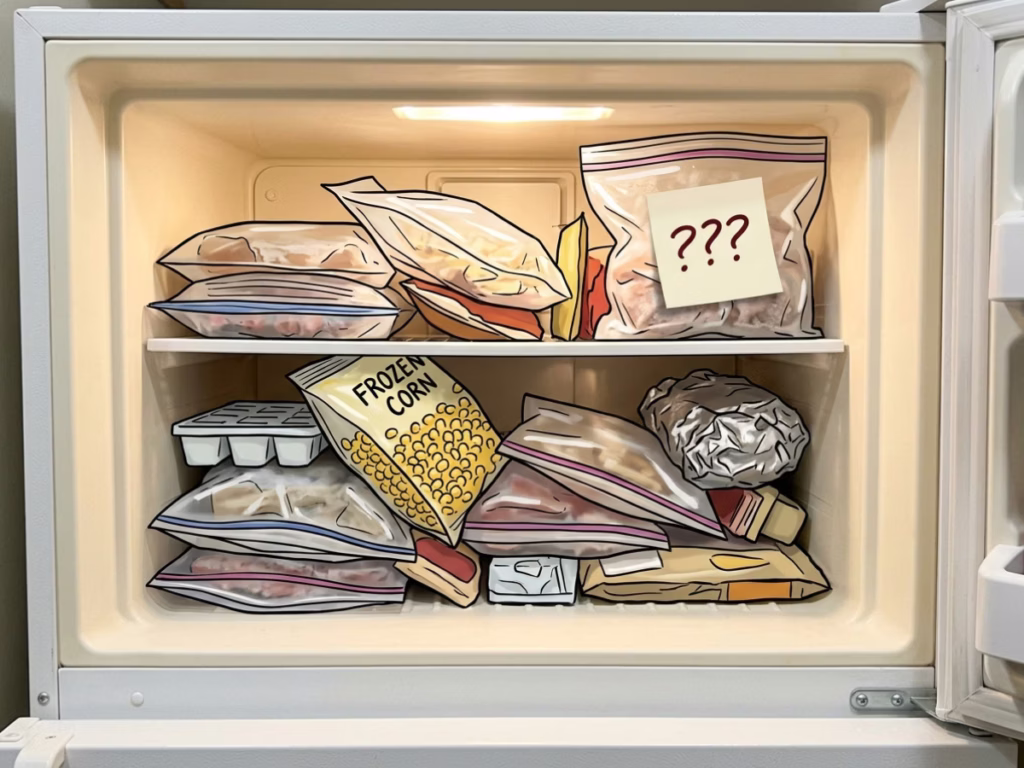 Chaotic freezer interior with unlabeled bags and mystery containers, relatable real-kitchen humor