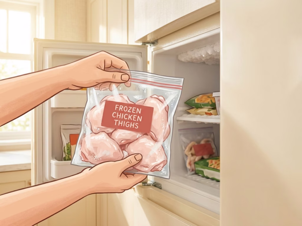Hands pulling a bag of frozen chicken from a home freezer, warm kitchen in the background
