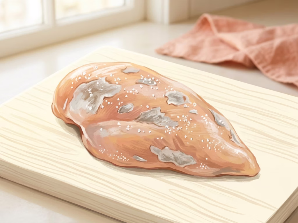 Close-up of a chicken breast with grayish-white freezer burn patches on the surface, on a cream cutting board
