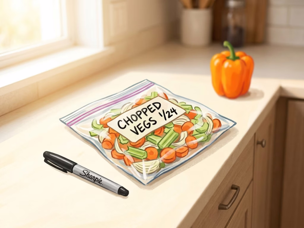 Freezer bag with a handwritten date label and a black marker on a kitchen counter