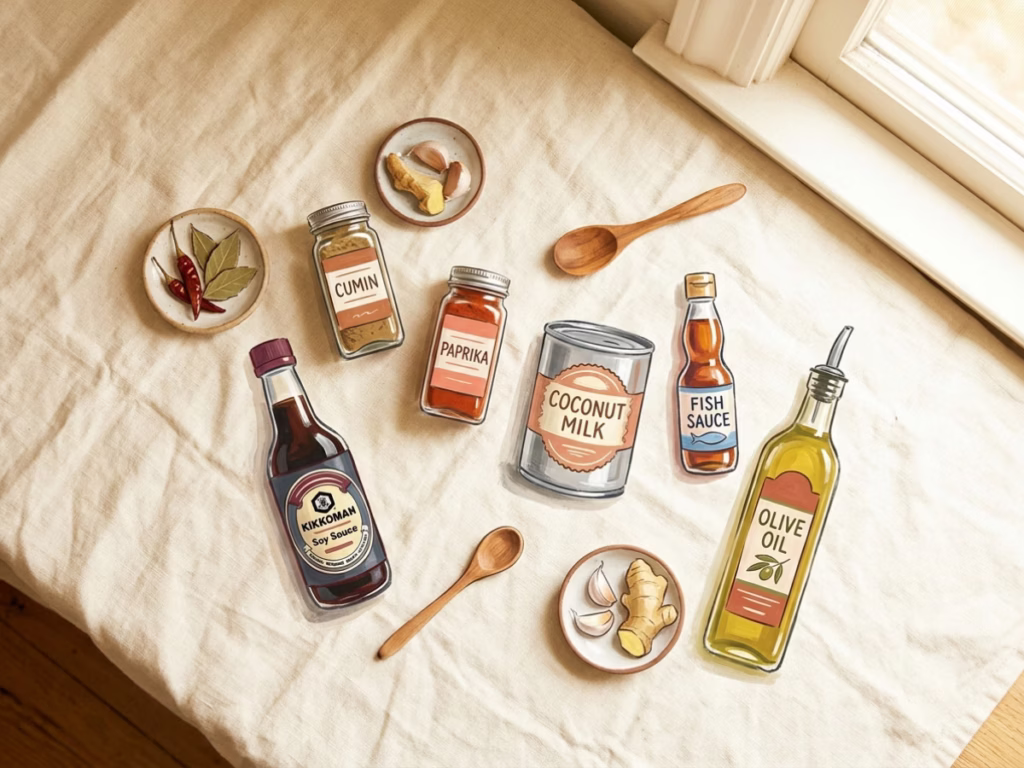 Overhead flatlay of pantry staples including spices, oils, and condiments on a warm cream surface