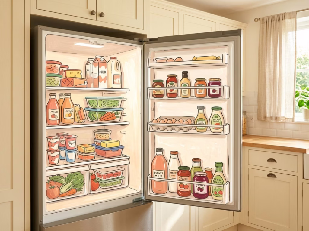 Person holding smartphone in front of open refrigerator to scan ingredients