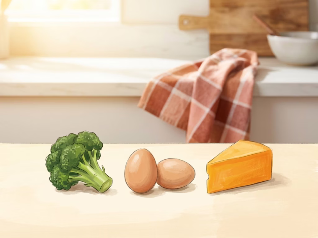 Three random fridge ingredients — eggs, broccoli, and cheese — lined up on a sunny kitchen counter ready to cook