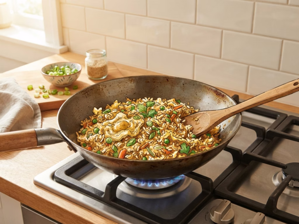 Homemade fried rice cooking in a pan, the easiest leftover template using rice, egg, and whatever protein is on hand