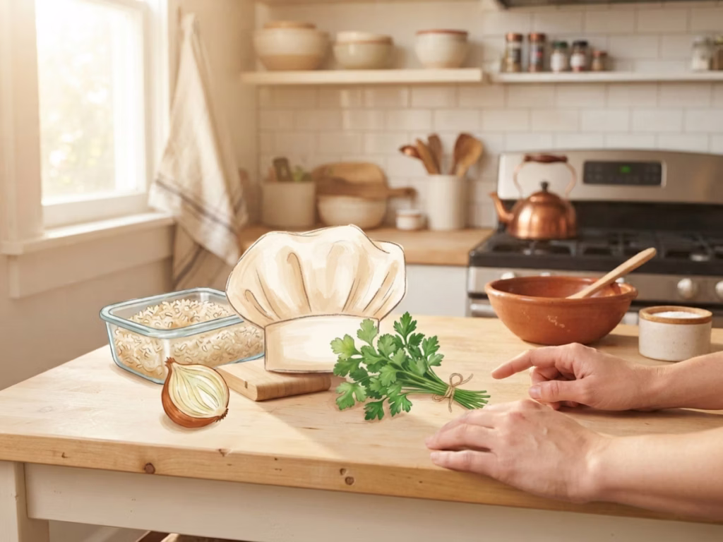 Person checking a recipe app on their phone while standing at a kitchen counter surrounded by fresh ingredients