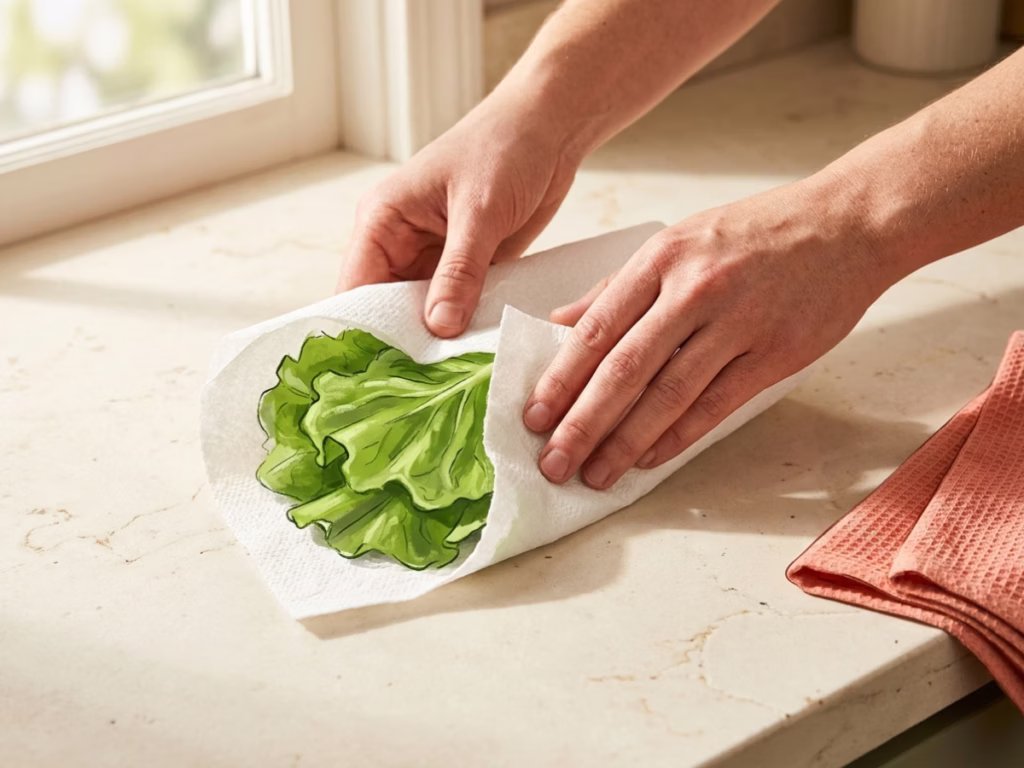 Hands wrapping fresh lettuce leaves in paper towels to store in the fridge