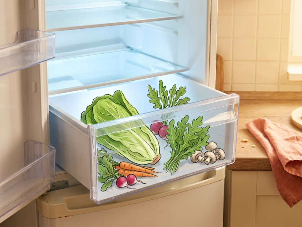 Open refrigerator crisper drawer with fresh lettuce and produce visible inside