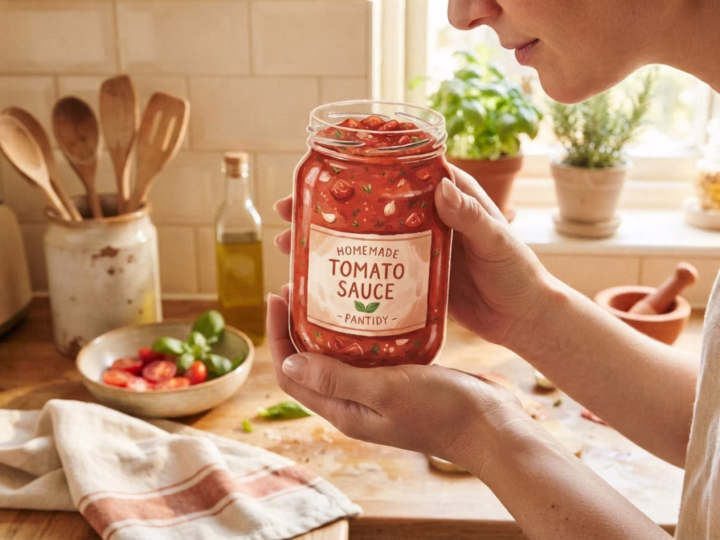 Person smelling an open jar of pasta sauce to check if it has gone bad