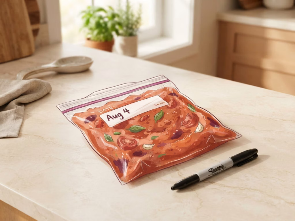 Zip-lock freezer bag filled with red pasta sauce labeled with a date marker on a kitchen counter