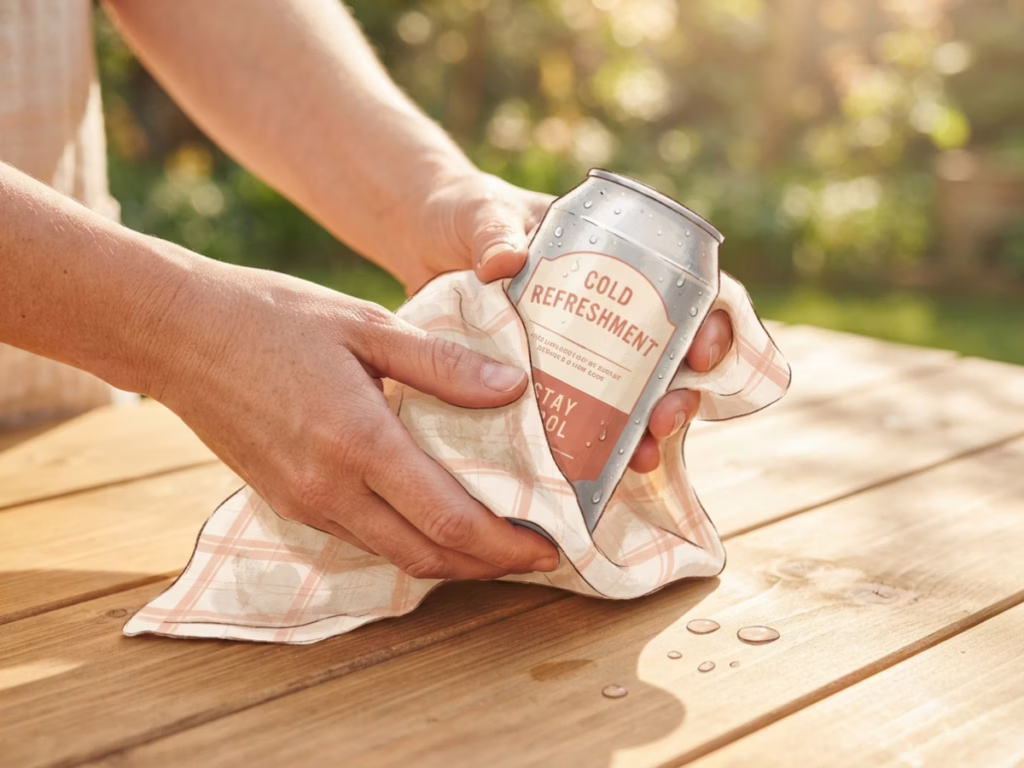 Hands wrapping a damp cloth around a cold drink can outdoors in sunlight