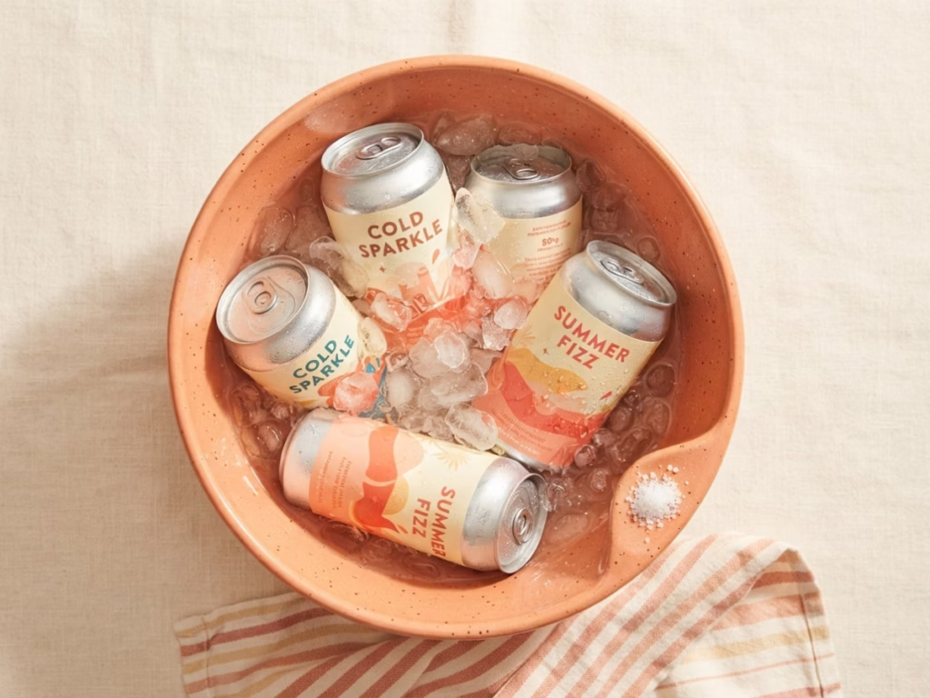 Canned drinks submerged in a bright bowl of icy salt water outdoors on a sunny day