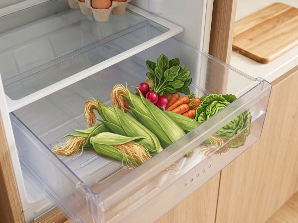 Unshucked corn on the cob stored in a refrigerator crisper drawer with husks on