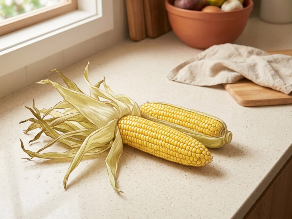 Shucked corn on the cob sitting on a kitchen counter without husks, ready to cook