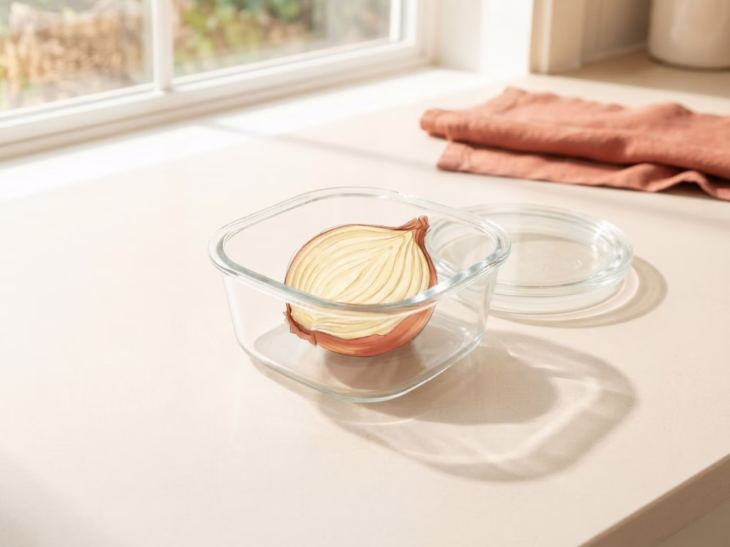 Half onion stored cut-side down inside an open airtight container on a bright kitchen counter
