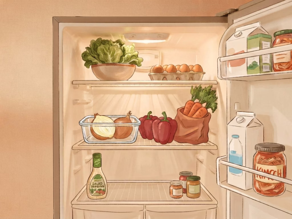 Open refrigerator with assorted fresh vegetables and a container of leftover onion on a shelf