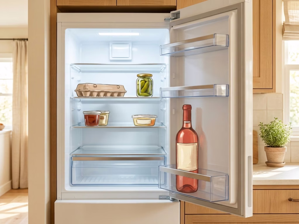 Wine bottle stored upright in the door of an open refrigerator, bright interior light