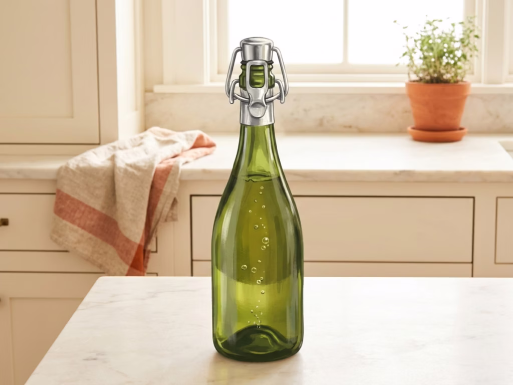 Sparkling wine bottle with a silver clamp stopper on a bright kitchen counter, bubbles visible through the glass