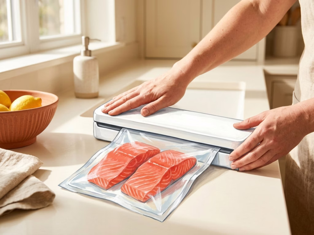 Hands using a vacuum sealer to seal a bag of salmon portions on a kitchen counter