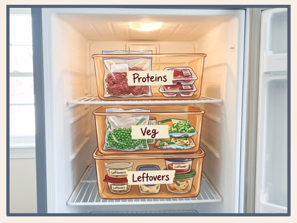 Open freezer with organized bins labeled Proteins, Veg, and Leftovers in handwritten masking tape