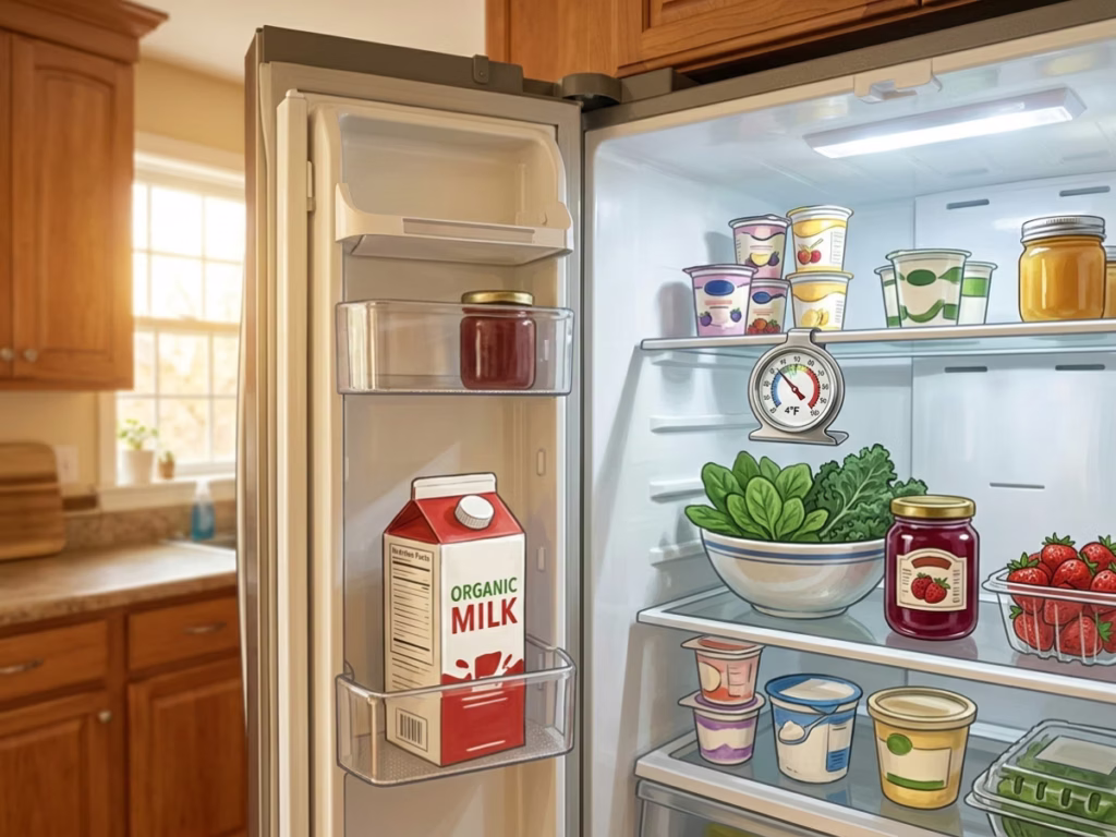 Small thermometer inside an open refrigerator showing temperature near 40 degrees Fahrenheit