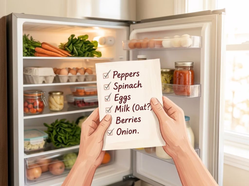 Hands holding a smartphone with a grocery list in front of an open refrigerator
