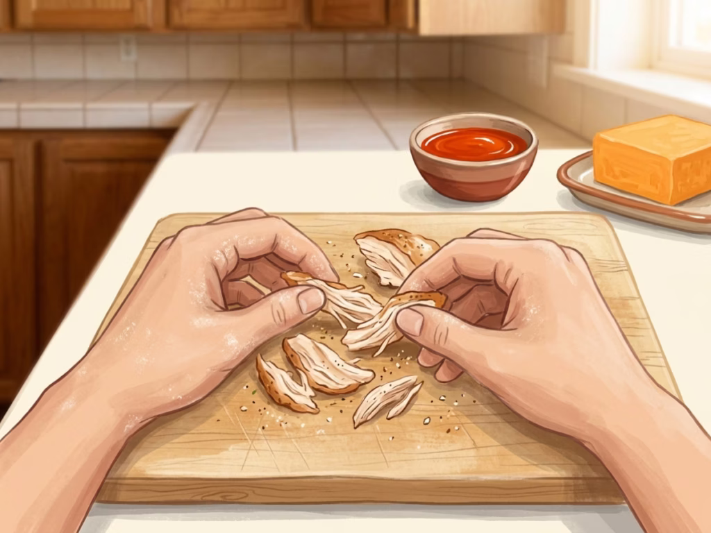 Hands shredding leftover cooked chicken on a wooden cutting board for game day dip