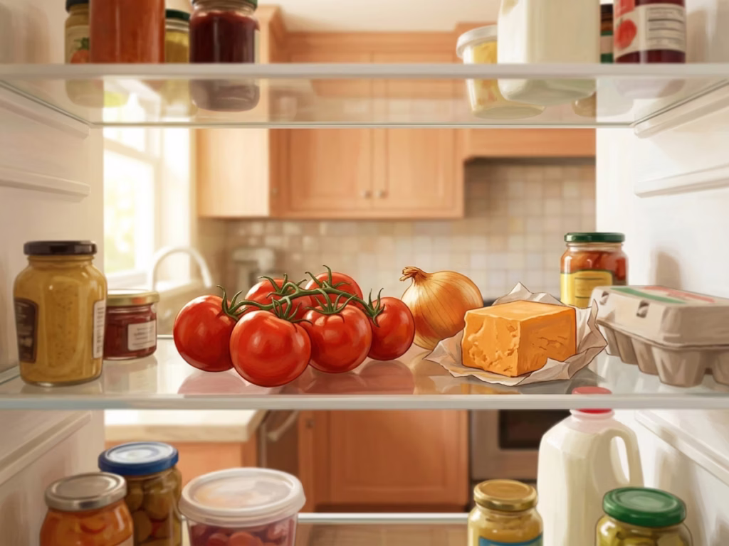 Open refrigerator with fresh tomatoes, onions, and a block of cheddar cheese ready to use before game day